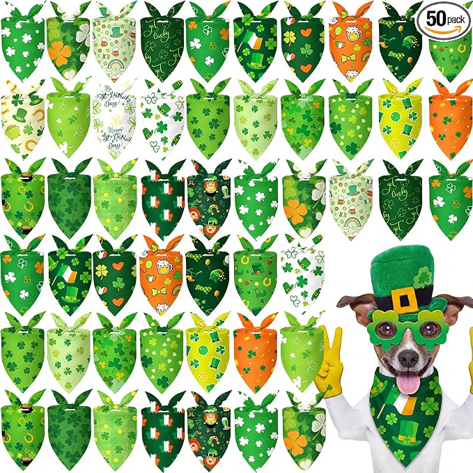 50 Pcs St Patrick's Day Dog Bandanas Bulk Green Shamrocks Bandanas for Dogs Triangle Kerchief Bibs Scarf for Pet Irish Costume Photo Props Pet Shops Groomer, 25 Styles (25.6 x 17.7 x 17.7)