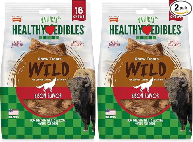 Healthy Edibles Wild Natural Dog Chew Treats, Bison Flavor, Small Dogs Up to 20 lbs - Made in USA (16 Count) (Pack of 2)