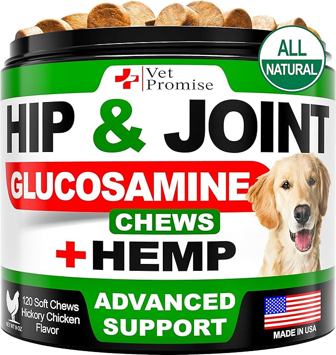 Hemp Hip and Joint Support Supplement for Dogs - Glucosamine for Dogs - Hemp Oil, MSM, Chondroitin - Support for Joint Pain Relief and Health - 120 Soft Chews - Made in USA