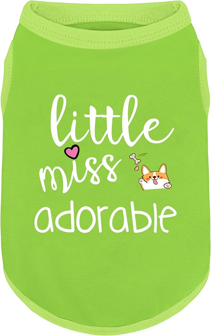 Cotton Dog Shirt with 'Little Miss Adorable' Corgi Head Print, Soft & Breathable Pet Apparel for Small, Medium, and Large Dogs, All-Season Sleeveless Vest, Cute and Comfortable Dog Outfit.Green S
