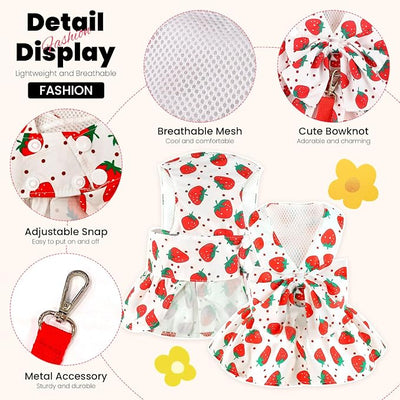 ABRRLO Cute Dog Dress Small Dog Clothes For Girls Female Puppy Outfits Red Strawberry Pet Summer Clothes Bowknot Doggy Cat Princess Dresses Harness for Holiday Birthday Party Costume Clothing (Red,XS)