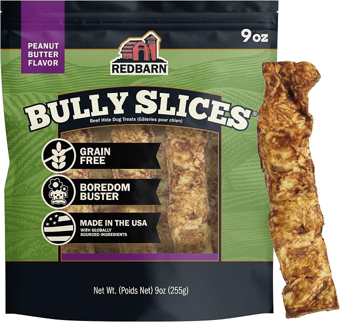 Pet Products All-Natural Rawhide Bully Slices - Peanut Butter Flavor - Premium Grain-Free Beef Hide Treats High Protein Low Fat for Chewers - 9 oz Bag