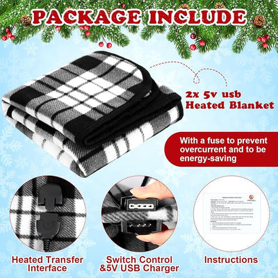 Tuanse 2 Pcs USB Heated Blanket 25"x35" Small Portable 5v 3 Setting Electric Blanket with Timer and Temperature Controller Winter Wearable Recharge Throw for Travel Home(White and Black Stripes)