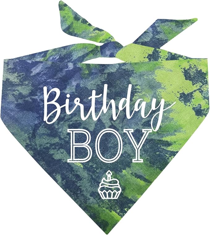 Birthday Boy with Cupcake Dog Bandana | 100% Cotton Tie Dye | Made in USA | Birthday | Pawty | Party Theme | Celebration Supplies | Photoshoot | One Size | Green/Blue Scrunch (214)