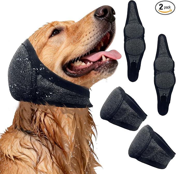 2Pcs Dog Ear Muffs Noise Protection Anxiety Relief for Fireworks Thunder, No Flap Ear Wrap Ear Covers for Bathing Swimming Grooming, Waterproof Elastic Adjustable Dog Snood Comfortable Quiet (Grey, L)