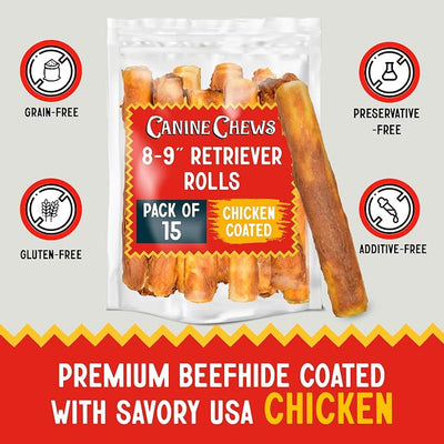 Canine Chews 8-9" Chicken Coated Dog Rawhide Retriever Rolls (15 Pack) - Chicken Rawhide Bones for Large Dogs - 100% USA-Sourced Chicken Coated Dog Rawhide Chews - Healthy Dog Dental Chew Rawhides