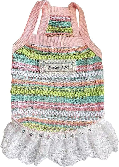 Dog Sling Tank Top with Tulle Skirt, Colorful Striped Pet T-Shirt (Pink, Small)