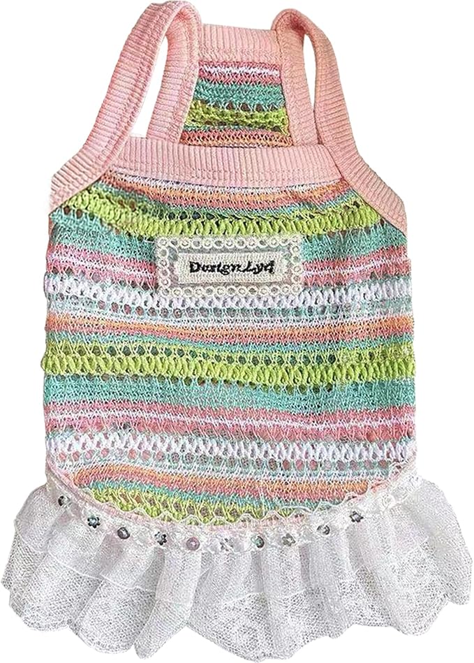 Dog Sling Tank Top with Tulle Skirt, Colorful Striped Pet T-Shirt (Pink, X-Large)