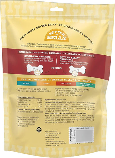 Better Belly Rolls Originals Pork Flavor Small Rolls, 20 Count, Great Digestible Rawhide