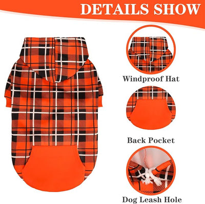 EXPAWLORER Plaid Dog Hoodie - British Style Warm Dog Sweater Shirt with Leash Hole,Pitbull Clothes Outfits,Winter Coat Apparel for All Breeds Puppy Girl Boy-Cat Apparel,Orange Large