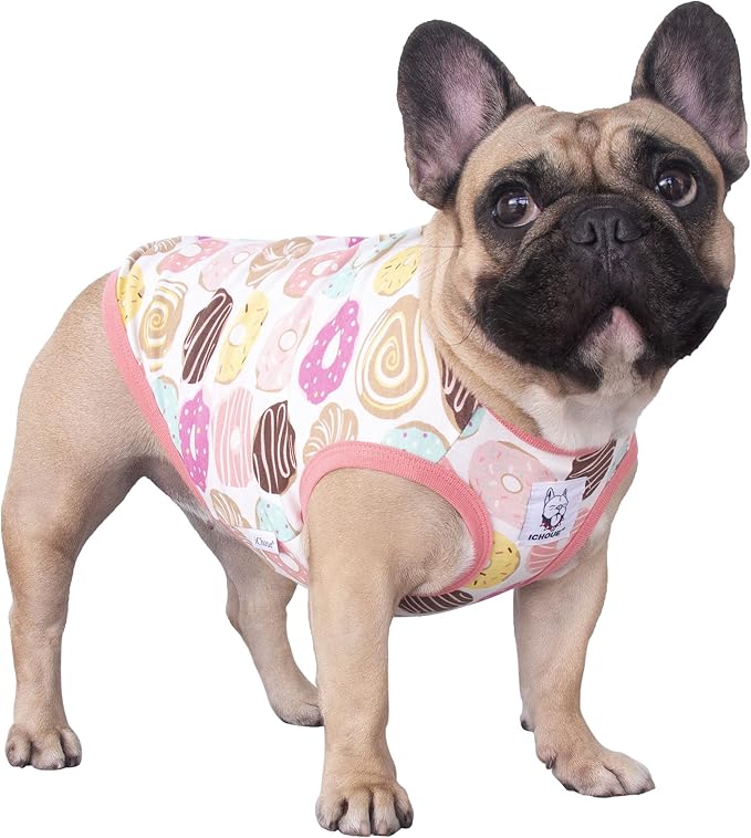 iChoue 100% Breathable Cotton Pug Halloween Cartoon T Shirts Cute Clothes for Dogs Vest Tank Tops Puppy French Bulldog Frenchie English Boston Terrier Donuts - Small