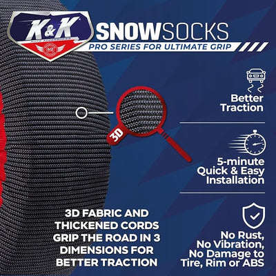 K&K Auto Snow Socks for Tires – Pro Series for Ultimate Grip Approved Snow Chain Alternative Traction Device – Tire Sock for Car Sedan Coupe – Winter Travel Accessory Emergency Kit – Medium (2pcs)