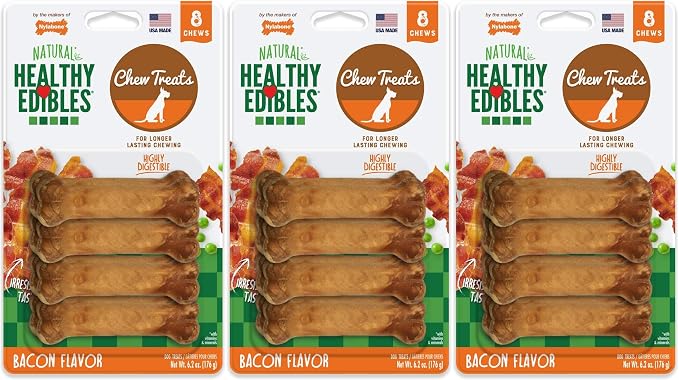Healthy Edibles Long Lasting Chew Treats. (3) 8 Count Pakcs of Bacon Flavor Tereats for X-Small/Petite Dogs. 24 Total Treats.
