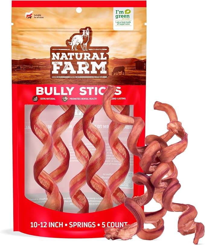 Odor-Free Curly Bully Sticks (10-12 Inch, 5 Pack), Fully Digestible, 100% Beef Pizzle Chews, More Engagement & Fun, Grass-Fed, Non-GMO, Fully Digestible - Best for Small & Medium Chewers
