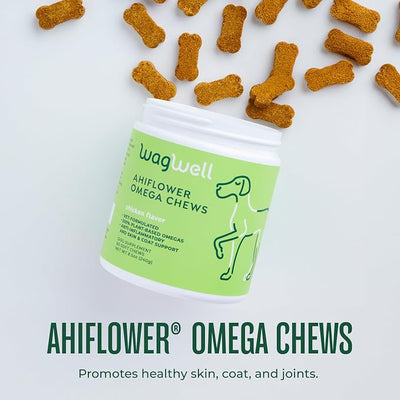 WagWell Ahiflower Omega Chews for Dogs | Vet-Formulated Health Supplement for Joints, Skin, Coat | Plant-Based Omega 3-6-9 | for Dogs of All Ages & Sizes, All Natural, Made in USA | 60 Chews