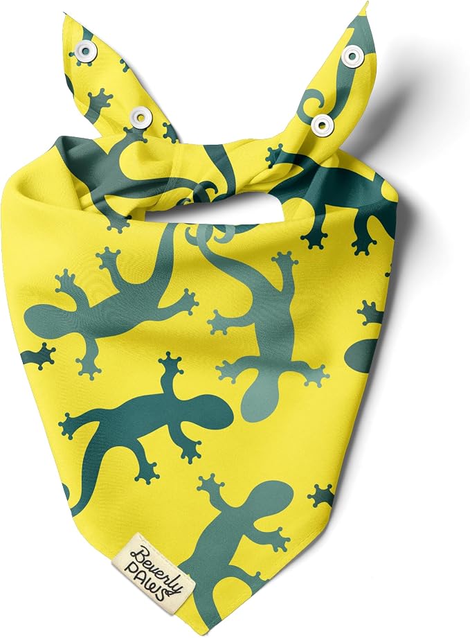 Snap-On Dog Bandana for Small Medium Large Pets, Dogs Cats Adjustable Handkerchief Scarf for Girl & Boy, Funny Cute Puppy Apparel & Accessories (Yellow Gecko, Large)