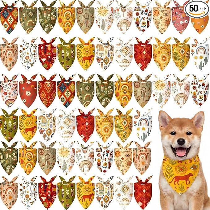 50 Pcs Boho Dog Bandanas Bulk Bohemian Earth Tone Bandanas for Dogs Triangle Kerchief Bib Scarf for Pets Party Costume Aesthetic Dog Photo Props Accessories, 25 Styles (25.6 x 17.7 x 17.7)