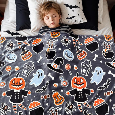Halloween Blanket Twin Size Soft Black Glowing Fall Pumpkin Throw Blanket Lightweight Fuzzy Grey Twin Bed Decoration Blanket for Bedroom Couch Sofa