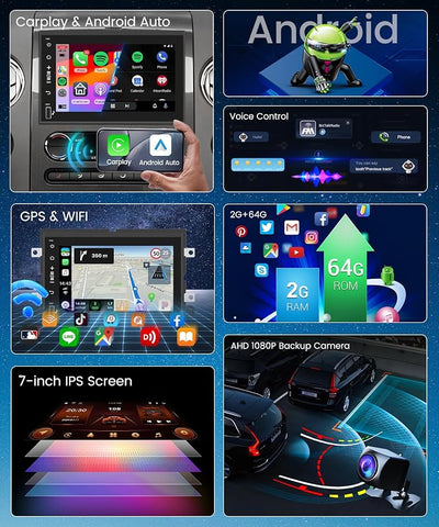 Podofo Car Radio for Ford F150 F250 F350 Fusion Taurus Edge Explorer Car Stereo with 7'' 1080P Touchscreen License Plate Backup Camera Wireless Carplay Android Auto Bluetooth WiFi 16EQ GPS FM/RDS