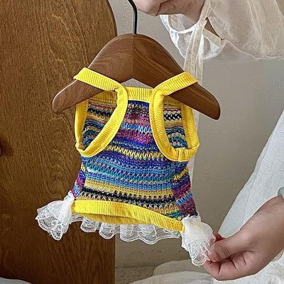 Dog Sling Tank Top with Tulle Skirt, Colorful Striped Pet T-Shirt (Yellow, X-Large)