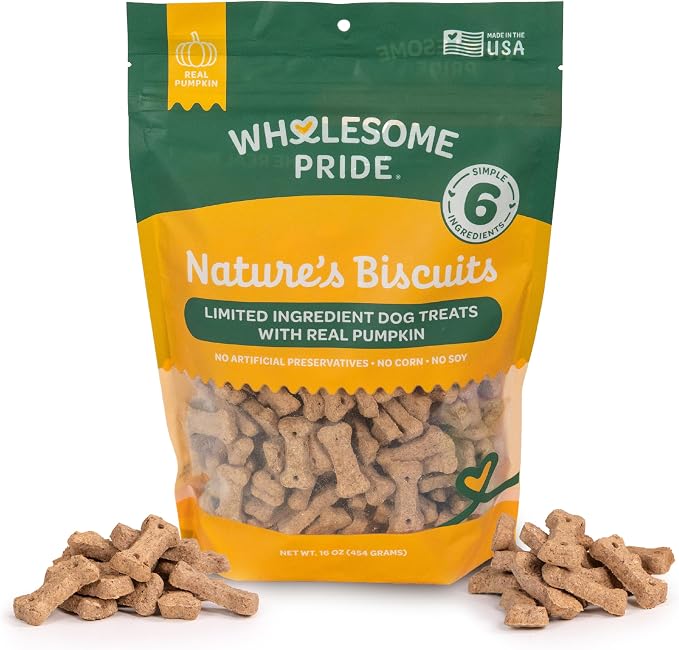 Nature's Biscuits Pumpkin Dog Treats, Crunchy All-Natural Bone-Shaped Snacks, Limited Ingredient, Dogs & Puppies, 16 oz