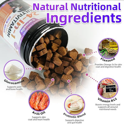 Carmelie Dog Vitamins, 24 in 1 Dog Vitamins and Supplements, 200 Chews with Glucosamine Probiotics Omega-3 Puppy Multivitamins Chewable for Hip & Joint, Skin & Coat, Immune Health, Digestive (Chicken)