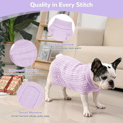 Dog Sweater 2 Pack for Medium Dogs, Size M, Pink & Purple | Stretchy cable knit turtleneck, machine washable, high belly cut, comfy winter fit for French Bulldog, Pug