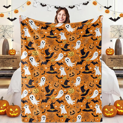 Orange Halloween Blanket, Spooky Pumpkin Ghosts Fleece Throw Blanket for Kids, Fall Halloween Decorations Gifts for Kids Women Birthday, 40x60 Inches