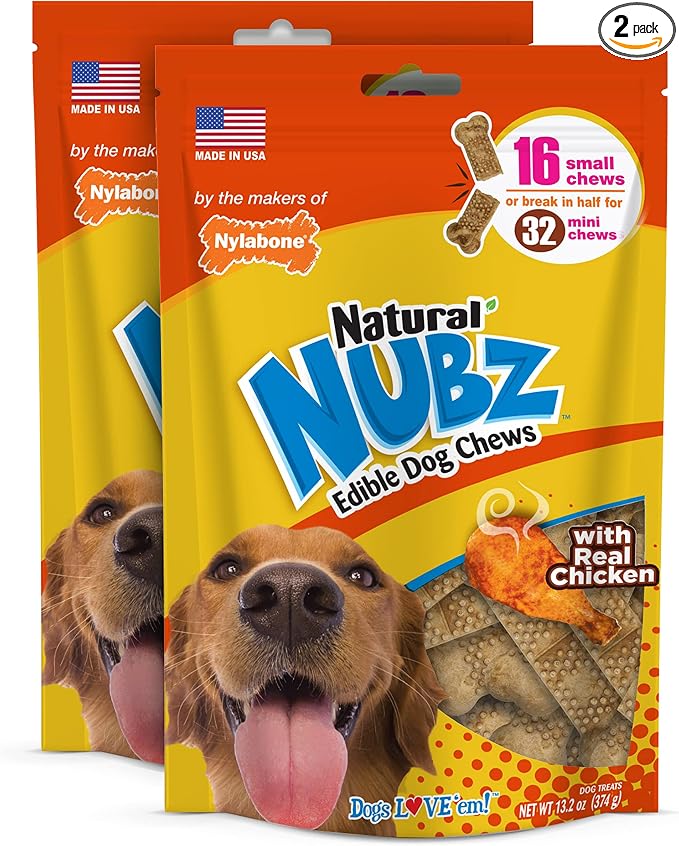 Nubz Natural Dog Treats for Small Breeds, Long Lasting Chew Bones Made in USA, Chicken Flavor Breath Freshener Dental Chews, Small Dog Bones, Up to 30 lbs. (32 Count)