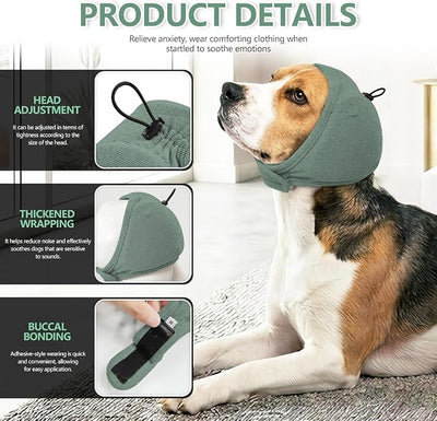 JOHNBOLIN Dog Ear Muffs - No Shake Ear Wrap & Quiet Calming Hoodie, Adjustable Head Snood Cover for Dogs, Noise & Anxiety Relief, Hematoma Protection for Grooming, Bath, Drying, Fireworks (Green, L)