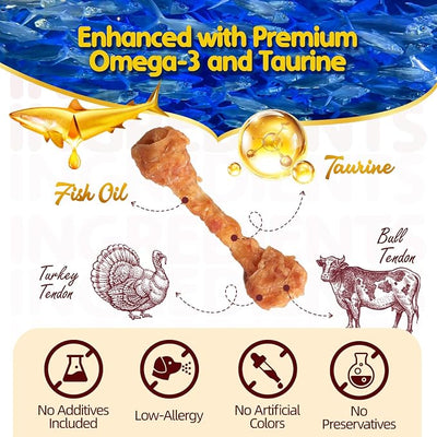 TailParty Turkey Tendons for Dogs with Fish Oil & Taurine (Bone, L, 1 lb), All Natural Dental Chews & Training Treats for Large Dogs, Long Lasting Snack for Health-Conscious Pet Owners