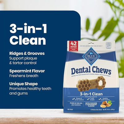 Blue Buffalo Natural Dental Chews for Medium Dogs 20-50 lbs., Chicken & Spearmint, Daily Teeth Cleaning Dog Treats, Enhanced with Vitamins & Minerals, 34.5-oz. Bag (42 Treat Count)