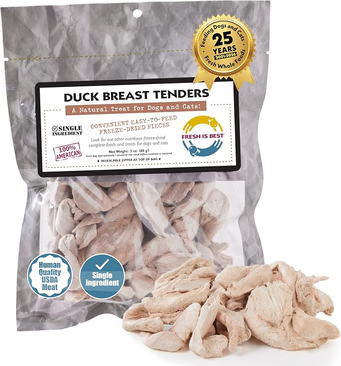 Whole Duck Breast Tenders – Made from Unsliced Whole Duck Breast Tenderloins – Raw Freeze Dried Cat Treats in Resealable Zipper Bag – High-Protein for Dogs & Cats – Made in the USA
