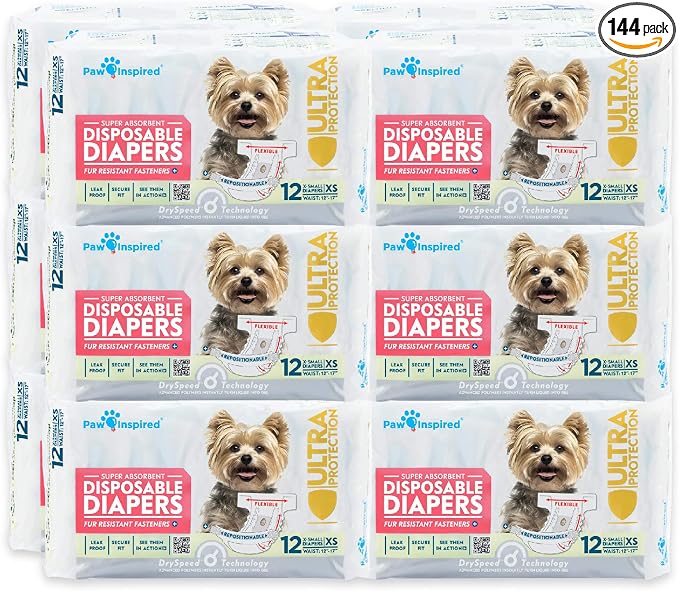Paw Inspired Disposable Dog Diapers | Female Dog Diapers Ultra Protection | Diapers for Dogs in Heat, Excitable Urination, or Incontinence (12&144 Count) (X-Small (144 Count))