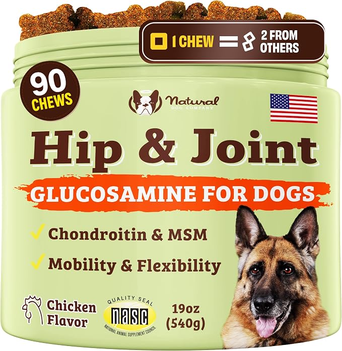 Hip & Joint Supplement Chew for Dogs – Supports Mobility, Flexibility & Comfort, Glucosamine, Chondroitin, MSM & Turmeric, Chicken Flavor, 90 Count