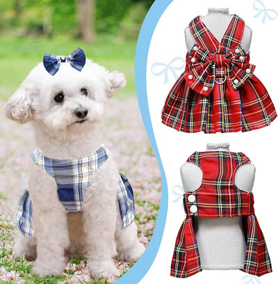 Dog Dress Bowknot Harness Leash Set for Small Dogs Girl Cute Plaid Dog Dress Pearls Bow Tie Spring Summer Princess Clothes Birthday Holiday Doggie Outfits for Puppy Cats Girl Apparel (Red, Small)