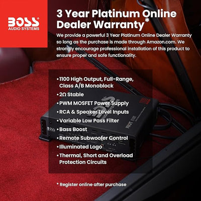 BOSS Audio Systems R1100M Monoblock Car Amplifier - 1100 High Output, 2-8 Ohm Stable, Low/High Level Inputs, Low Pass Crossover, MOSFET Power Supply
