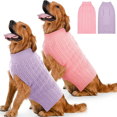 Dog Sweater 2 Pack for Large Dogs, Size XL, Pink & Purple | Stretchy cable knit turtleneck, machine washable, high belly cut, comfy winter fit for English Bulldog, Boxer