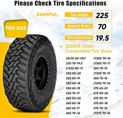 232605 Adjustable Snow Tire Chains for Light Truck, SUV, Cars, Pickups, 2 Pack Anti-slip Snow Chains for Pickup Trucks Winter Tire Chains 225 235 255 265 275 - Series 232605