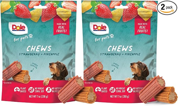 Dole for Pets Dog Chews, Assorted Strawberry + Pineapple Fruit-Flavored Treats, Real Fruit Flavor, No Artificial Colors Flavors or Preservatives, No Wheat Corn Soy, 7.05 Oz Bag - 2 Pack