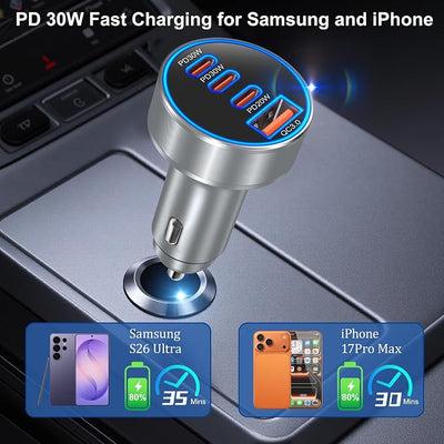 USB C Car Charger, Bangfun 98W Super Fast Charging Cigarette Lighter Adapter Multiport 12V-24V USB Phone Car Charger Plug for iPhone 17 17e 16 15 14 13 12 Pro Max Pad Galaxy Pixel Android(Gray)