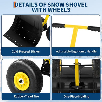 Snow Shovel for Driveway with Wheels, 29.1" W x 19.3" H, Heavy Duty Snow Pusher, Snow Plow Shovel Rolling, Adjustable Angle & Height Carbon Steel Metal Blade, for Snow Removal Clear, for Garden, Deck