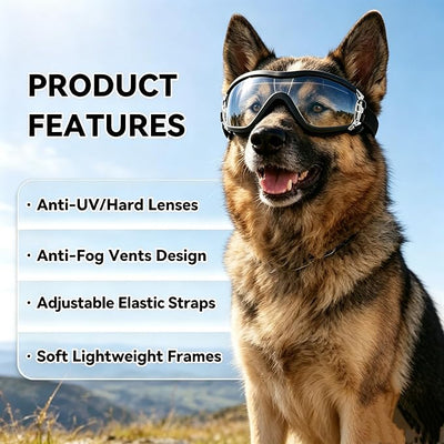 Enjoying Clear Dog Goggles Medium to Large Breed, Dog Sunglasses UV Protection, Large Dogs Driving Eye Protection, Outdoor Windproof Dustproof Anti-Fog, Breathable, Adjustable Straps, Transparent