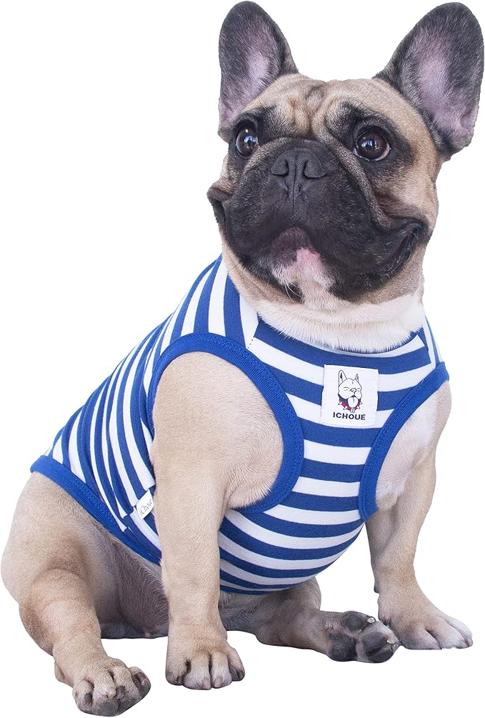iChoue French Bulldog 100% Breathable Cotton Striped T Shirts Halloween Vest Clothes for Medium Dogs Tank Tops Frenchie Pug English Boston Terrier Pitbull White Blue Stripes - Large