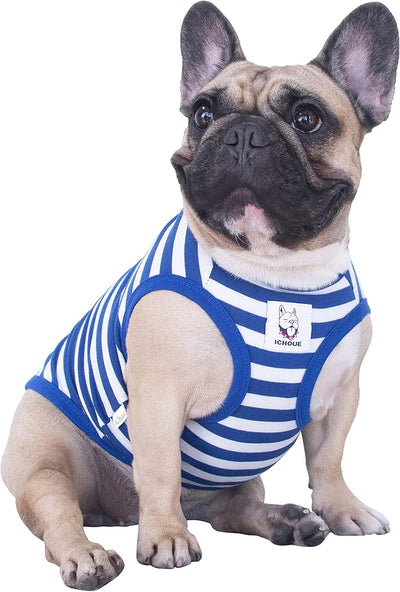 iChoue English Bulldog 100% Breathable Cotton Striped T Shirts Halloween Vest Clothes for Medium Dogs Tank Tops French Frenchie Pug Boston Terrier Pitbull White Blue Stripes - XLarge
