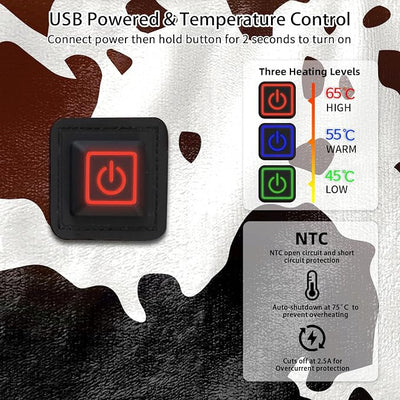 USB Powered Heated Throw Blanket for Women, 50" X 60" 9V 18W Portable Cow Print Electric Heating Blanket with 3 Heat Settings, 8-Zone Graphene Heating Blankets for Couch Car Office Outdoor