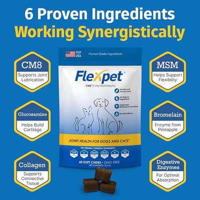 Hip & Joint Supplement for Dogs & Cats with Cetyl Myristoleate, Glucosamine, Collagen, MSM - Max Strength Joint Support for Mobility, Senior Pets, Large Breeds - 60 Soft Chews (Bacon/Cheese)