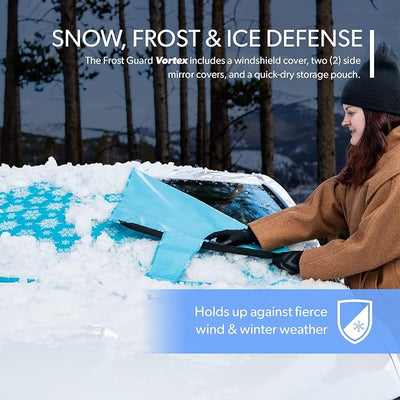 FrostGuard Vortex | Full-Coverage Car Windshield Cover for Ice and Snow, Standard Size (Snowy Lace) - Wiper Blade + Side Mirror Covers - Fit-Fast Straps, Security Panels + Storage Pouch - 59x41 Inches