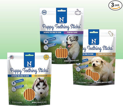 N-Bone Puppy Teething Sticks Variety Pack, Chicken & Pumpkin & Peanut Butter Flavor, Total 3 Bags, 11.22-oz