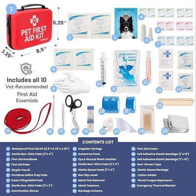 Dog First Aid Kit - Vet Approved Emergency Supplies - Pet First Aid Kit Guide, Tick Remover, Slip Leash & Medical Essentials for Home, Camping, Car, RV, Travel (Essential Pack)